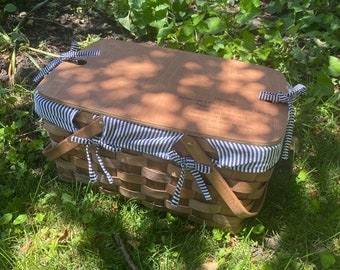 New! Custom Wood Picnic Basket, Woven Basket with Tabletop Lid, Large Basket for Picnic, Gift For Couples, Picnic Basket Gift, Anniversary