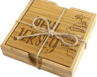 Personalized Engraved New Jersey State Puzzle 4 Piece Bamboo Coaster Set with Case