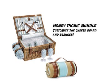 Engraved Honey Picnic Bundle Set for 2 , Willow Hamper with blanket, wedding gift, birthday gift, gift for couples