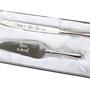 Simple Engraved Silver Wedding Cake Server and Knife 2pc Silver Wedding Server Set image 3