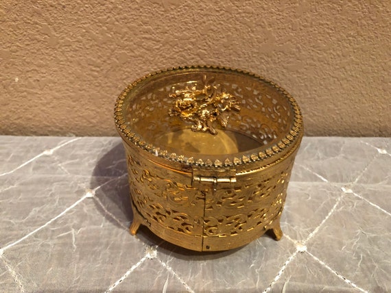 Round Brass Jewelry Box ROUND BRASS FILIGREE Box Brass and Glass Filigree Box