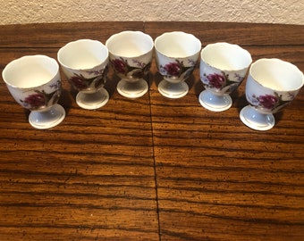 EGG CUP HOLDERS, Six China Egg Cup Holders, China Set of Egg Cup Holders w/Rose Bud Pattern
