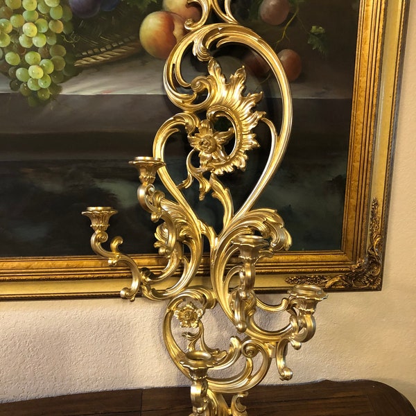 X-LARGE WALL SCONCE, Syroco Gold Resin Five Point Sconce, X-Tall Hollywood Regency Gold Wall Sconce
