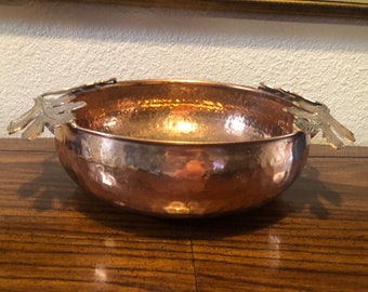 HAMMER COPPER BOWL, Copper and Brass Fruit Bowl, Texture Brass Leave on Hammer Copper Large Bowl