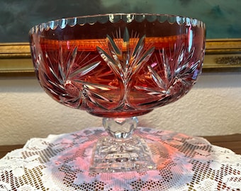 Czech CRYSTAL PEDESTAL BOWL, Large Lead Crystal Cut Ruby Red to Clear Punch or Fruit Bowl