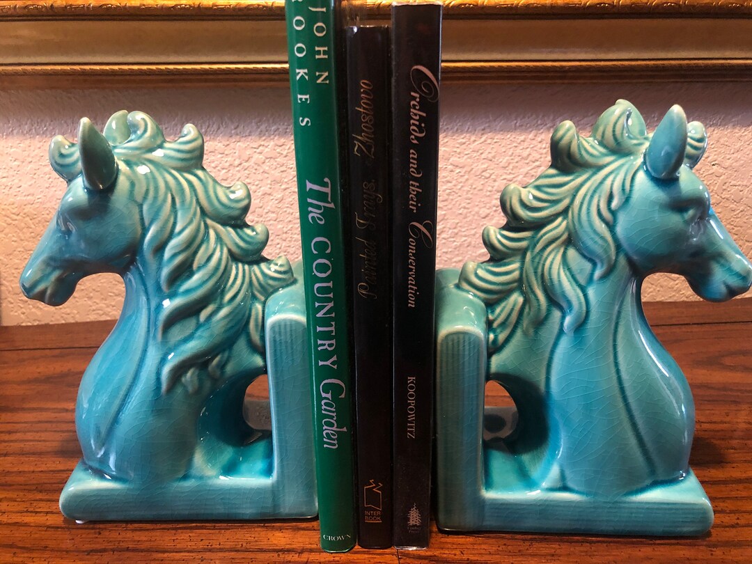 HORSE CERAMIC BOOKENDS, Turquoise Crackle Glaze Ceramic Horse Head