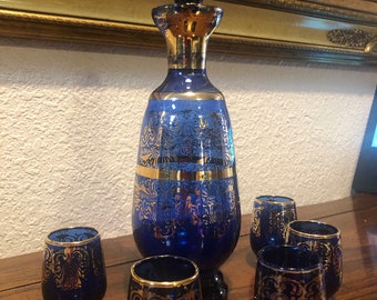 COBALT BLUE CORDIAL Set, Bohemian Crystal Bar Set, Cobalt Blue Crystal Decanter with Five Glasses