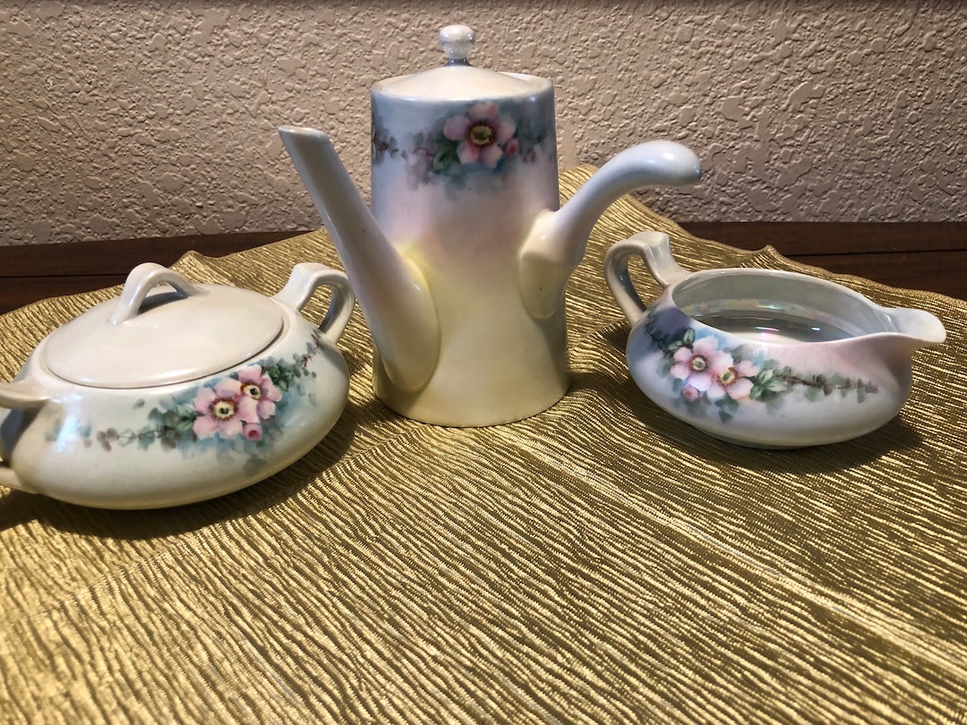 CHINA TEA SET, Hand Painted Fine China Tea Set, Five Pieces Antique