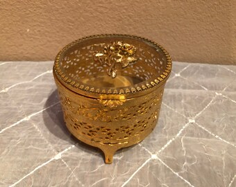 BRASS FILIGREE BOX, Brass and Glass Filigree Box, Round Brass Jewelry Box