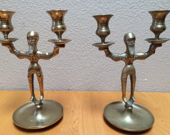 BRASS MEN CANDELABRAS, Pair of Acrobat Candle Holders