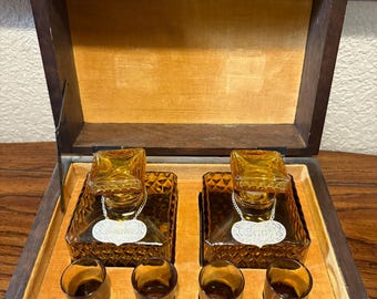 LIQUOR BAR BOX, Double Liquor Box in Shape of Books, Double Amber Glass Decanter and Four Glasses