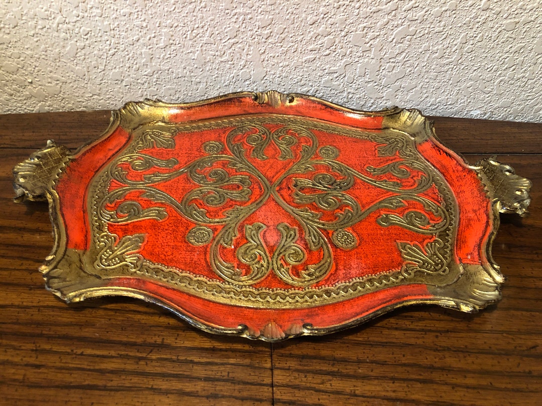 Italy FLORENTINE RECTANGULAR TRAY, Hand Painted Decorative Gold and Red ...