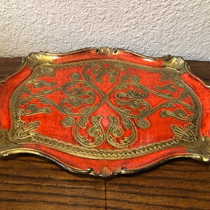Italy FLORENTINE RECTANGULAR TRAY,  Hand Painted Decorative Gold and Red Serving Tray