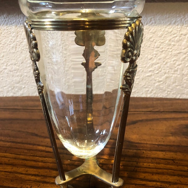 Grecian BRASS and CRYSTAL VASE, Optic Crystal and Tripod Brass Grecian Vase, Brass Stand and Crystal Grecian Vase
