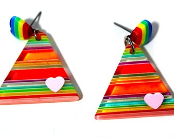 Triangle Drop Earrings, Geometric Rainbow Earrings, Heart Accent earrings, Pride Earrings, Rainbow Resin Earrings