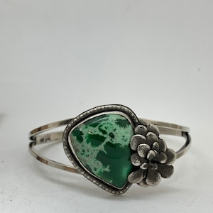 Australian Green Variscite and Succulent Flower Cuff Bracelet Sterling Silver