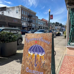 May include: Wooden sandwich board sign with the text "Raintown Vintage Collective" and an umbrella illustration. The sign is on a sidewalk in front of a building with other buildings and cars in the background. The sky is blue with clouds.