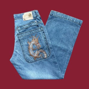 希少 90s レザー スタジャン 龍 PVC 刺繍 B系 Hip Hop y2k 90s Dragon Jeans - Etsy