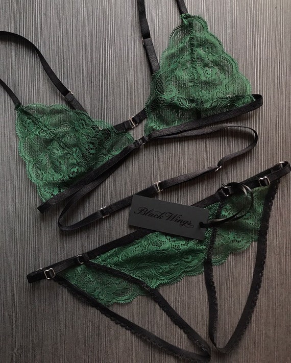 AMANDA Green Lingerie Set With Strappy Bralette and Ouvert Panties, Sexy  Lingerie Set, See Through, Sheer Underwear, Crotchless -  Canada