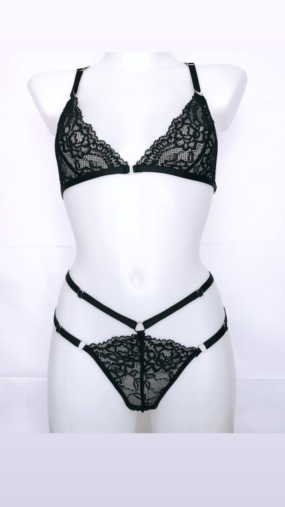 Black Diamond Lingerie Set With Strappy Front closure Bralette and Thong See Through Mature Lingerie Etsy Israel