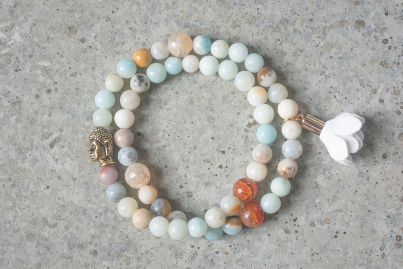 Amazonite Bead Wrap Bracelet Buddha Charm Bracelet Anxiety Relief Birthstone Bracelet gifts for her Boho Bead Jewelry Stretch Bracelet her