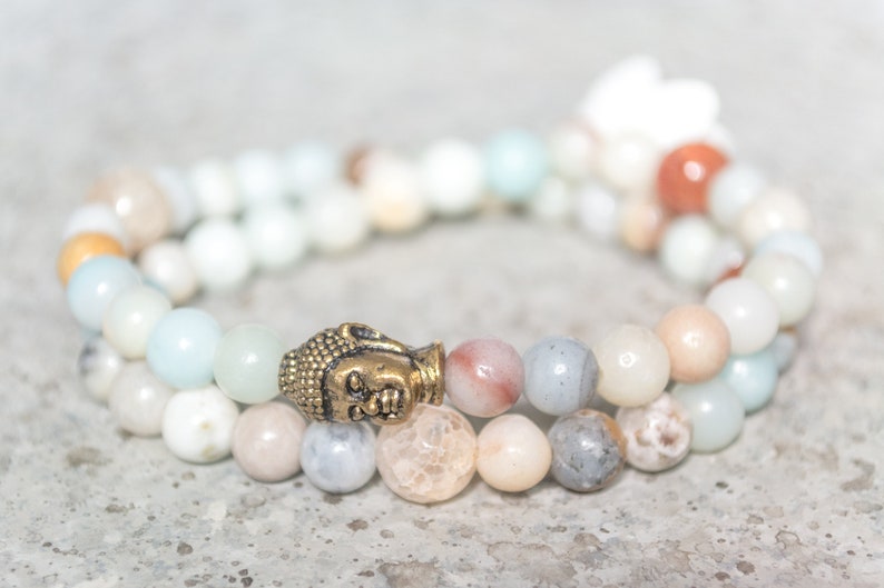 Amazonite Bead Wrap Bracelet Buddha Charm Bracelet Anxiety Relief Birthstone Bracelet gifts for her Boho Bead Jewelry Stretch Bracelet her