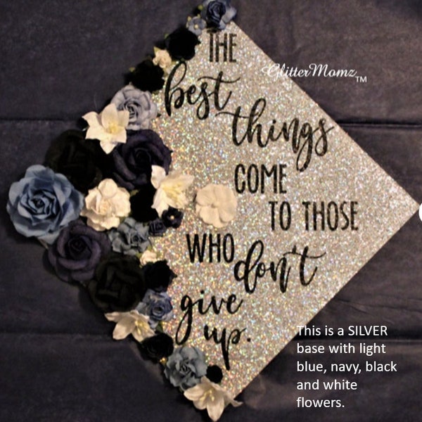 Glitter Graduation Cap Topper: Silver, Blue & White Flowers
