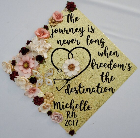 Graduation Topper The Journey is Never Long Graduation Cap Decoration  Flowers Glitter customize colors saying Graduation Cap Topper