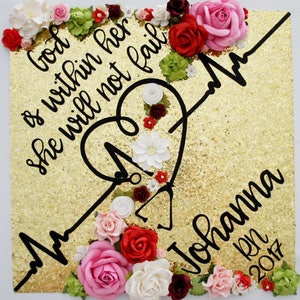 Graduation Cap Topper God is Within Her Graduation Decoration Flowers Glitter customize colors saying Graduation Cap Topper