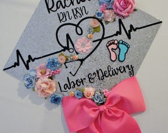 Nurse Graduation Cap Topper - Labor & Delivery - with flowers and bow