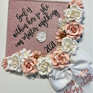 God Is Within Her Master Graduation Cap Topper Decoration- with flowers, border and bow