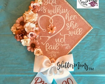 God Is Within Her Nurse Graduation Cap Topper Decoration- with flowers, border and bow