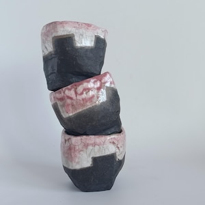 A Set of Three Handmade raku-fired Tea Cups, Coffee Cups, one of a kind, OOAK