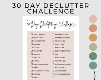 30 Day Declutter Challenge Checklist | Printable Decluttering Checklist | Cleaning Checklist