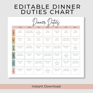 Puede incluir: Tabla de tareas para la cena editable e imprimible para asignar tareas a los miembros de la familia. La tabla está dividida en días de la semana y enumera tareas como preparar la cena, limpiar la mesa, cargar el lavavajillas y barrer el suelo.