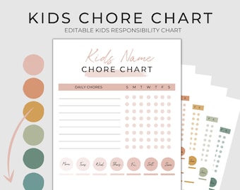 EDITABLE Kids Chore Chart | Responsibility Chart | School Chart | Kids Schedule - Includes 7 colors!