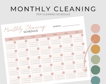 May include: A printable monthly cleaning schedule with a soft pink and white color scheme. The schedule includes spaces for each day of the week and checkboxes. The text "Monthly Cleaning Schedule" is at the top, with the words "Instant Download | 7 Different Colors INCLUDED!" at the bottom.
