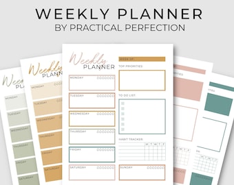 May include: A printable weekly planner with a minimalist design. The planner includes sections for top priorities, to do list, habit tracker, and daily schedules. The planner is available in nine different colors.