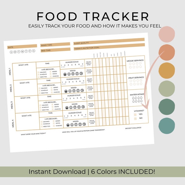 Mindful Eating Food Journal Tracker Printable | Food Allergy Tracker | Weight Loss | Food Diary