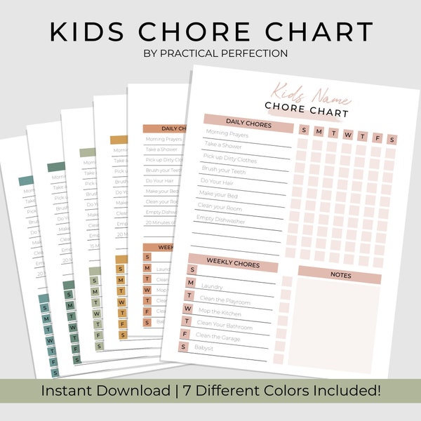 EDITABLE Kids Chore Chart | Responsibility Chart | School Chart | Kids Schedule - Includes 7 colors!