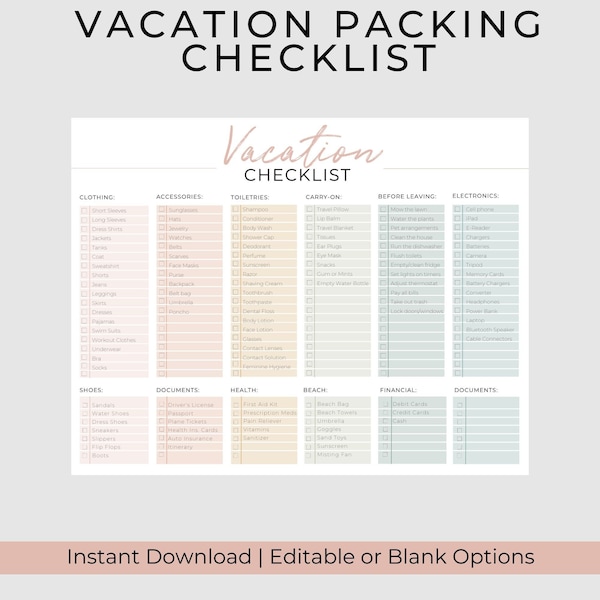 Editable Vacation Packing Checklist | Printable Packing List