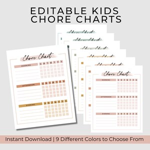 May include: Printable chore charts for children with a pink and white colour scheme. The charts are divided into morning, afternoon, and evening sections with days of the week listed across the top. The text "Chore Chart" is written in a handwritten style.