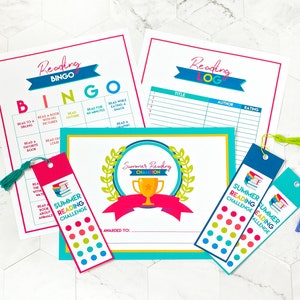May include: A set of printable summer reading bingo cards, a reading log, and bookmarks. The bingo cards feature activities such as reading to a sibling, reading a book with no pictures, and reading outdoors. The reading log has columns for title, author, and rating. The bookmarks are colourful and feature the text "Summer Reading Challenge".