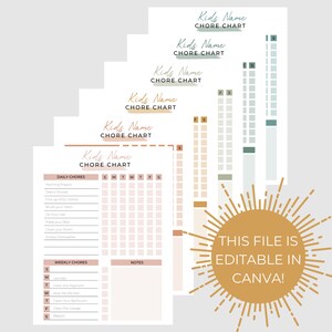 May include: Printable chore chart for kids with a colorful sunburst design. The chart includes daily and weekly chores with space for notes. The text "This file is editable in Canva!" is at the bottom of the page.
