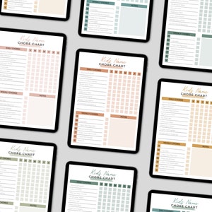 May include: Six printable chore charts for kids with different color schemes. Each chart has sections for daily chores, weekly chores, and notes. The charts are designed to help kids stay organized and accountable for their responsibilities.