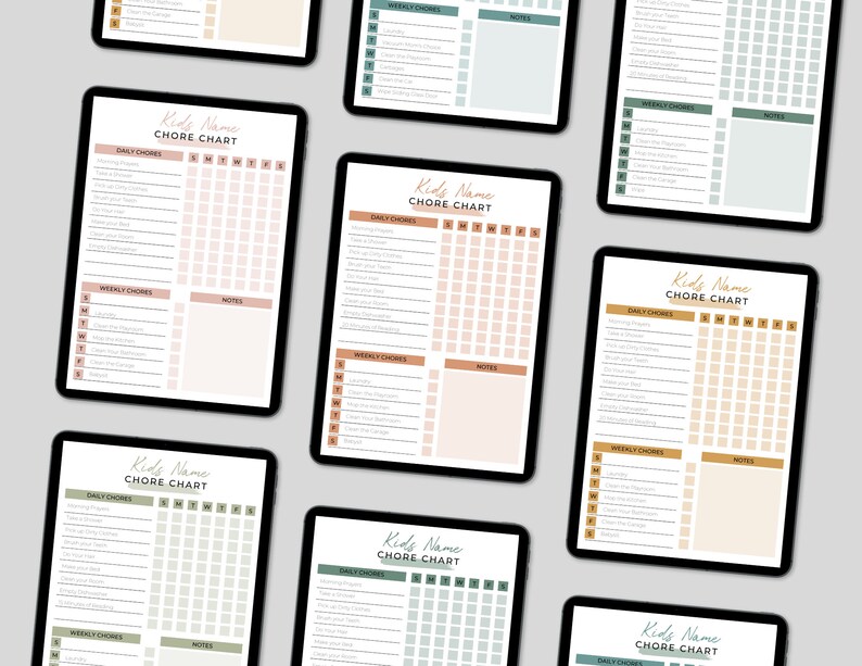 May include: Six printable chore charts for kids with different color schemes. Each chart has sections for daily chores, weekly chores, and notes. The charts are designed to help kids stay organized and accountable for their responsibilities.