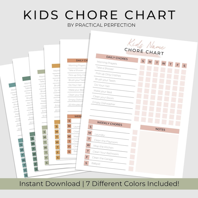 May include: Printable chore chart for kids with a pink and brown color scheme. The chart includes daily chores like taking a shower, brushing teeth, and making the bed. It also includes weekly chores like laundry, cleaning the playroom, and babysitting. The chart has a space for the child's name and a notes section.