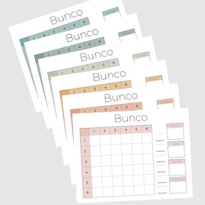 May include: Six printable scorecards for the game Bunco. Each scorecard has a grid with numbers 1 through 6 and a space for the number of Buncos, zeros, and travelers. The scorecard is on a white background with a light peach border.