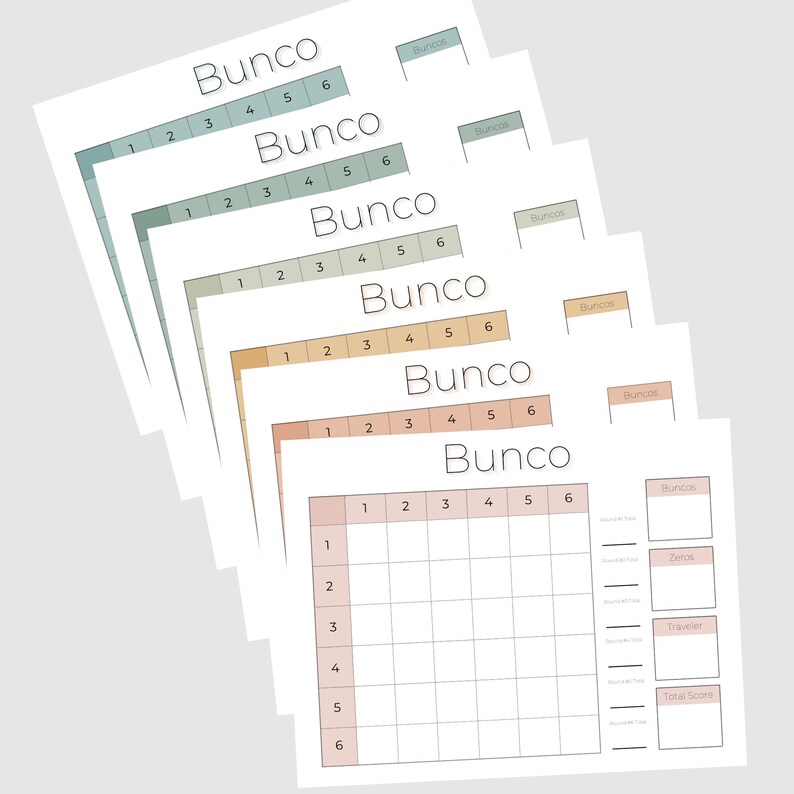 May include: Six printable scorecards for the game Bunco. Each scorecard has a grid with numbers 1 through 6 and a space for the number of Buncos, zeros, and travelers. The scorecard is on a white background with a light peach border.