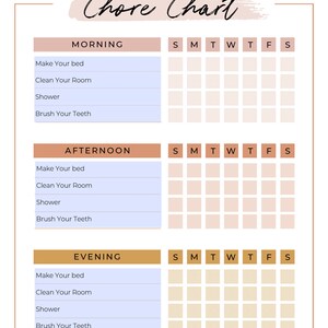 Puede incluir: Un cuadro de tareas imprimibles con el t&iacute;tulo "ALEXANDRIA'S Chore Chart". El cuadro est&aacute; dividido en tres secciones: Ma&ntilde;ana, Tarde y Noche. Cada secci&oacute;n enumera cuatro tareas: Hacer la cama, Limpiar la habitaci&oacute;n, Ducharse y Cepillarse los dientes. El cuadro tiene una cuadr&iacute;cula con los d&iacute;as de la semana etiquetados en la parte superior.